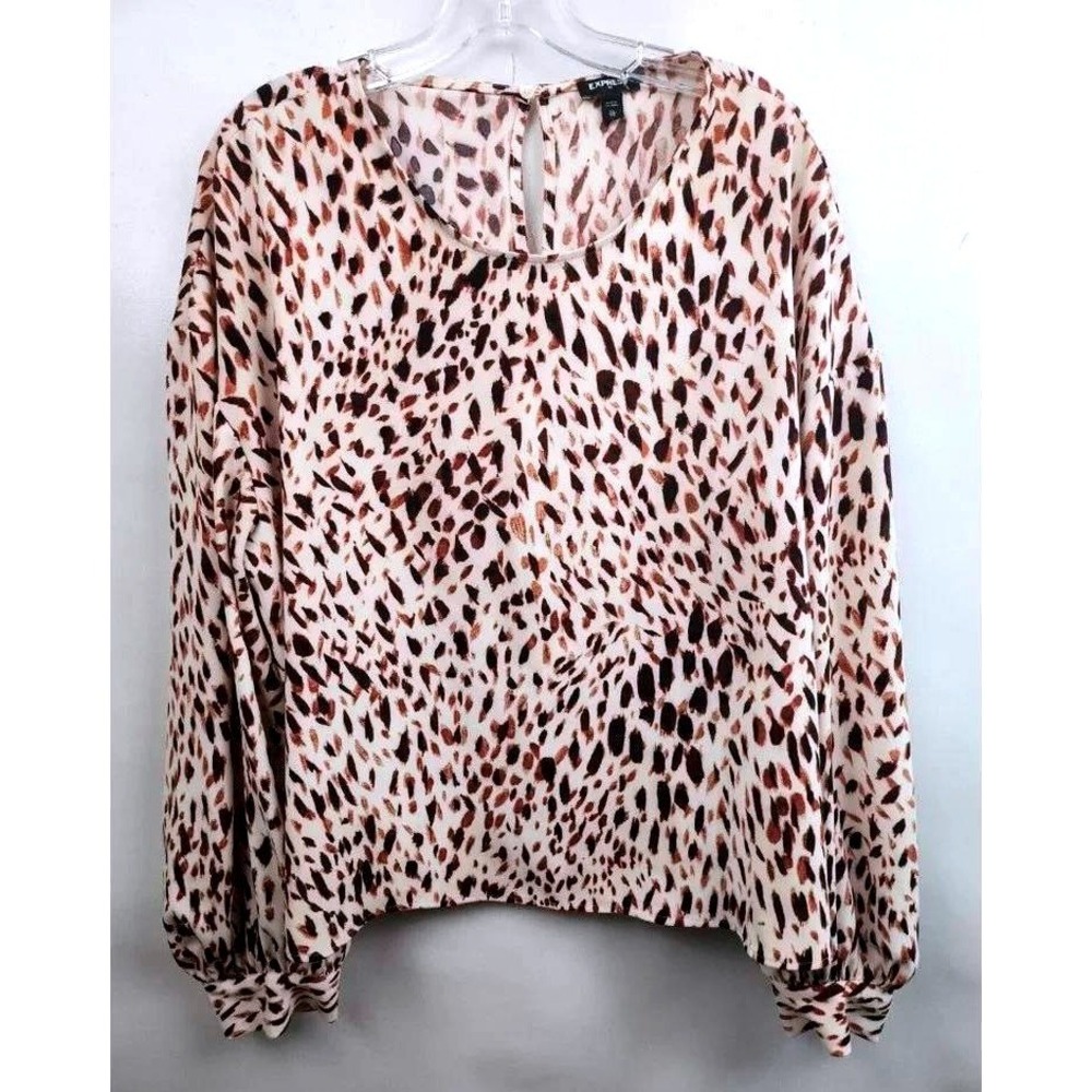 Express Blouse Womens XL Pink Animal Print Long Sleeve Keyhole Back Top